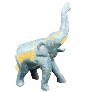Vintage Hand Carved Blue Soapstone Elephant Figurine Gold Accents Trunk Up 8.5"